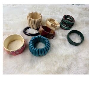 Vintage Style Bangle Stretch Bracelet Lot Wood Resin Floral Beaded 8pc Bundle
